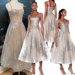 🆕 BRONX & BANCO 🧿 NWOT Mademoiselle Silver Sequin Midi Dress , Size XS US 2